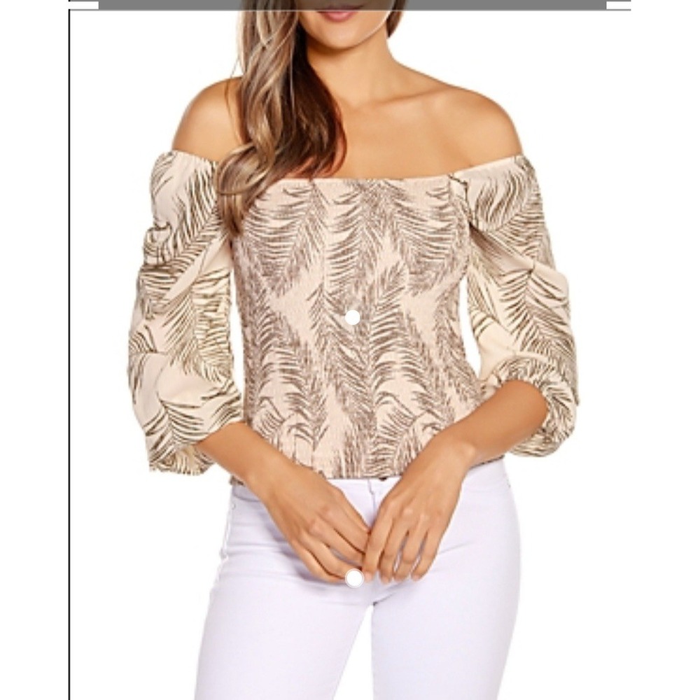 Belldini Cream Off-Shoulder Leaf‎ Print Blouse Size M